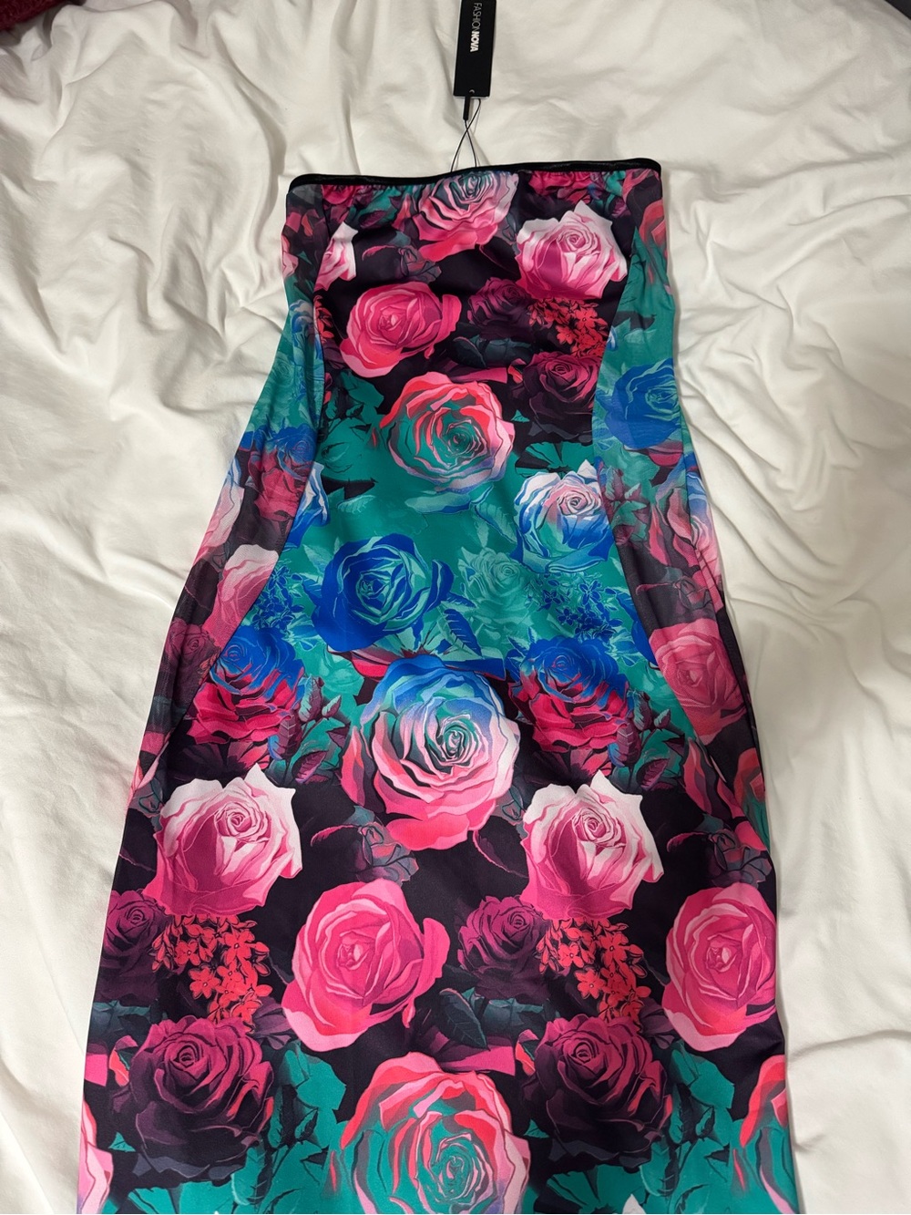 Fashion Nova Teal and Pink Floral Maxi Strapless Dress